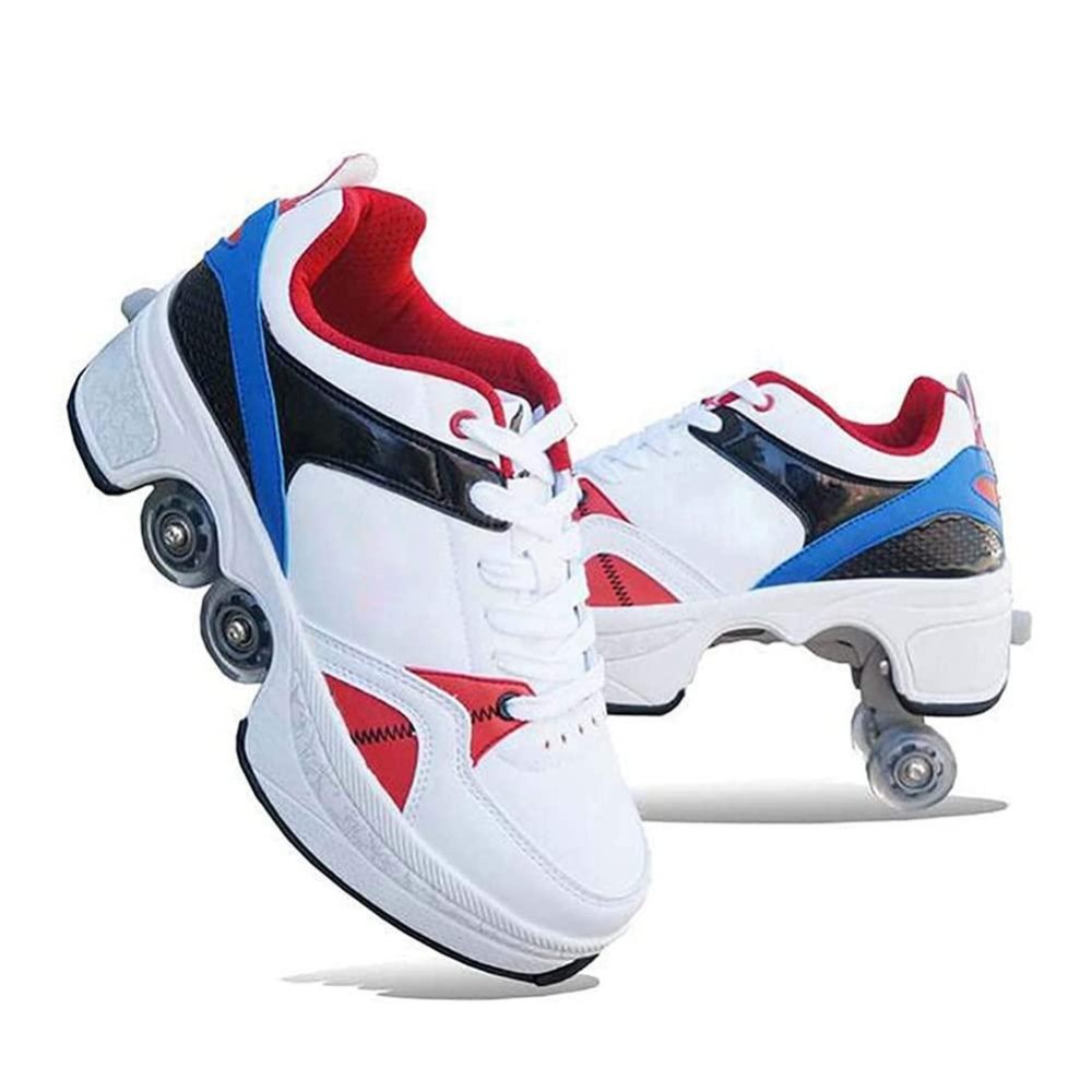 Double-Row Deform Wheel Automatic Walking Shoes Invisible Deformation Roller Skate 2 In 1 Removable Pulley Skates Skating Parkour (White Blue, Us 6)