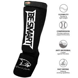 Be Smart Muay Thai MMA Kickboxing Shin Guards, Instep Guard Sparring Protective Gear Equipment Shin Kick Pads for Kids, Youth, Men and Women (Black, Medium)