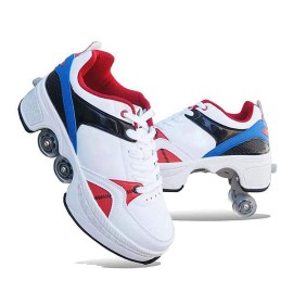 Double-Row Deform Wheel Automatic Walking Shoes Invisible Deformation Roller Skate 2 In 1 Removable Pulley Skates Skating Parkour (White Blue, Us85)