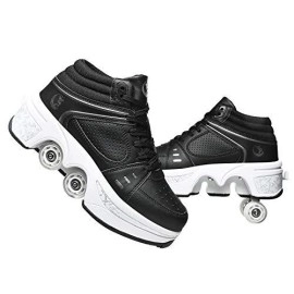 Double-Row Deform Wheel Automatic Walking Shoes Invisible Deformation Roller Skate 2 In 1 Removable Pulley Skates Skating Parkour (Black High, Us 65)