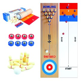 A Game Sports 3 in 1 Table Top Shuffleboard, Curling Game and Bowling Set (10