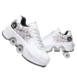 Double-Row Deform Wheel Automatic Walking Shoes Invisible Deformation Roller Skate 2 In 1 Removable Pulley Skates Skating Parkour (White Black Powder, Us9)