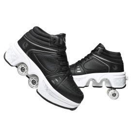Double-Row Deform Wheel Automatic Walking Shoes Invisible Deformation Roller Skate 2 In 1 Removable Pulley Skates Skating Parkour (Black High, Us 5)