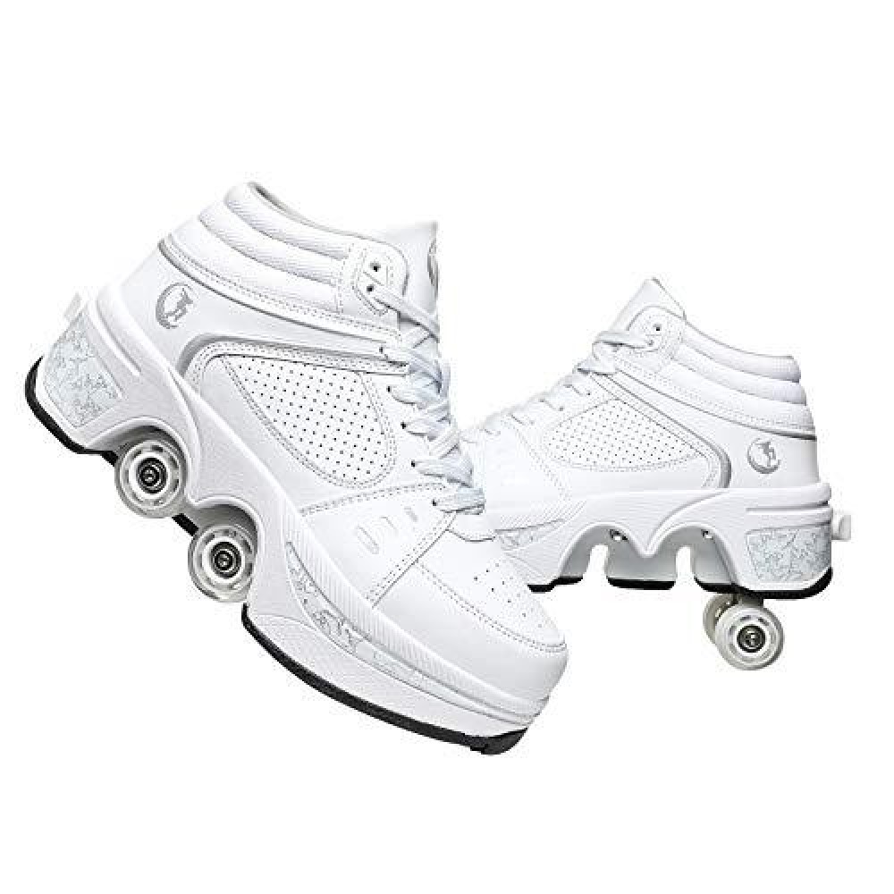 Double-Row Deform Wheel Automatic Walking Shoes Invisible Deformation Roller Skate 2 In 1 Removable Pulley Skates Skating Parkour (White High, Us 5)