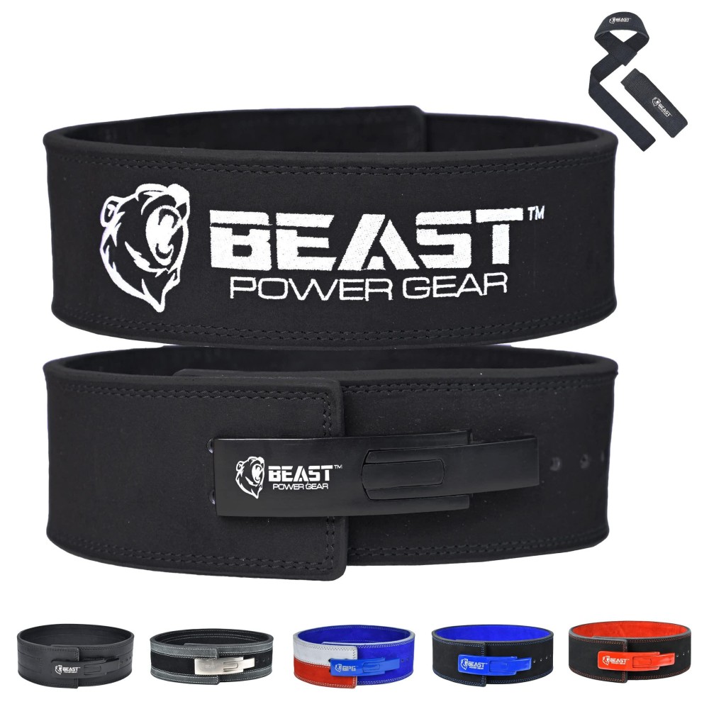 Beast Power Gear Weight Lifting Belt With Lever Buckle 10Mm 13Mm Thick 4 Inches Wide Free Strap- Advanced Back Support For Weightlifting, Powerlifting, Deadlifts, Squats - Men Women (Large, Blackblack)