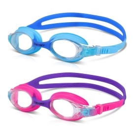 Vetoky Kids Swim Goggles, Pack Of 2 Anti Fog Swimming Goggles Uv Protection Clear No Leaking For Child And Youth Ages 3-12 Blue+Blue&Purple+Pink