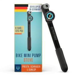 Alphatrail Mini Bike Pump Steve - For All Valves 120 Psi 83 Bar Maximum Pressure I Large Gauge (15) I Ergonomic T-Handle I Bike Pump For Presta, Schrader & Dunlop Valve