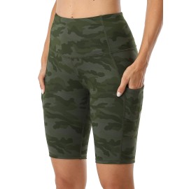 Oalka Womens Short Yoga Side Pockets High Waist Workout Running Shorts Multi Camo Army Green Medium