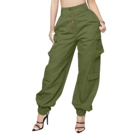 Dressmecb Womens Casual Loose Elastic Button Down Cargo Pants Trousers With Pockets Army Green Medium