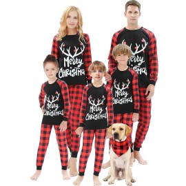 Loncoco Matching Family Pajamas Christmas Jammies Holiday Deer Printed Sleepwear Red Plaid Pants Set Size 7