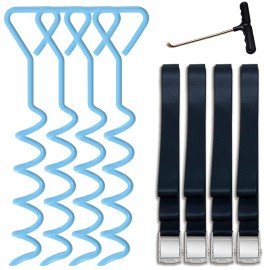 Eurmax Usa Trampoline Stakes Heavy Duty Trampoline Parts Corkscrew Shape Steel Stakes Anchor Kit With T Hook For Trampolines -Set Of 4 Bonus 4 Strong Belt,Blue