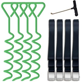 Eurmax Usa Trampoline Stakes Heavy Duty Trampoline Parts Corkscrew Shape Steel Stakes Anchor Kit With T Hook For Trampolines -Set Of 4 Bonus 4 Strong Belt,Green