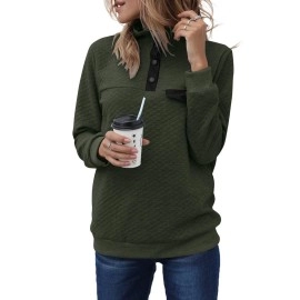Merokeety Womens Long Sleeve V Neck Button Quilted Patchwork Pullover Sweatshirt Tops, Green, L