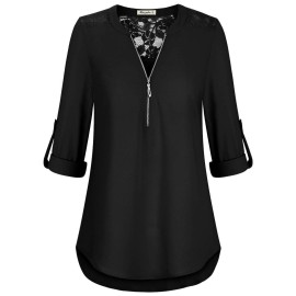 Moyabo Chiffon Blouses For Women V Neck 34 Sleeve Lace Patchwork Loose Tops Shirt Black Small