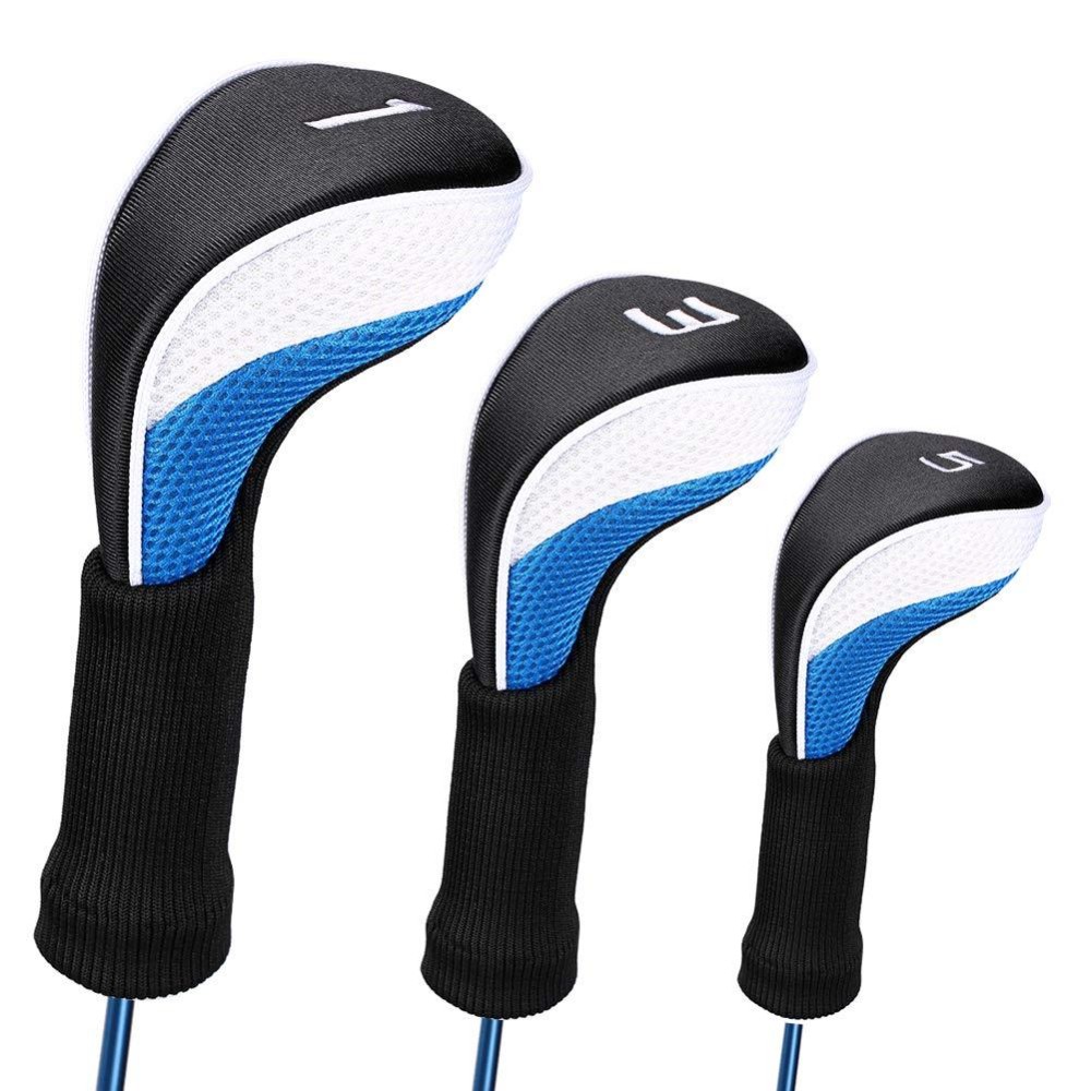 Black Golf Club Head Cover For Driver Fairway 3 Pcs Woods Headcovers, Golf Accessories Hybrid Head Covers Set With Interchangeable Tags 3 4 5 7 X (Blue White 135)
