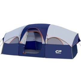 Campros Tent-8-Person-Camping-Tents, Waterproof Windproof Family Tent, 5 Large Mesh Windows, Double Layer, Divided Curtain For Separated Room, Portable With Carry Bag - Blue