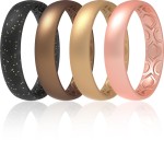 Thunderfit Silicone Wedding Bands For Women, Breathable Air Grooves Anniversary Rings 4Mm Width - 15Mm Thick (Black With Yellow Glitter, Gold, Rose Gold, Bronze, Size 45-5 (157Mm))