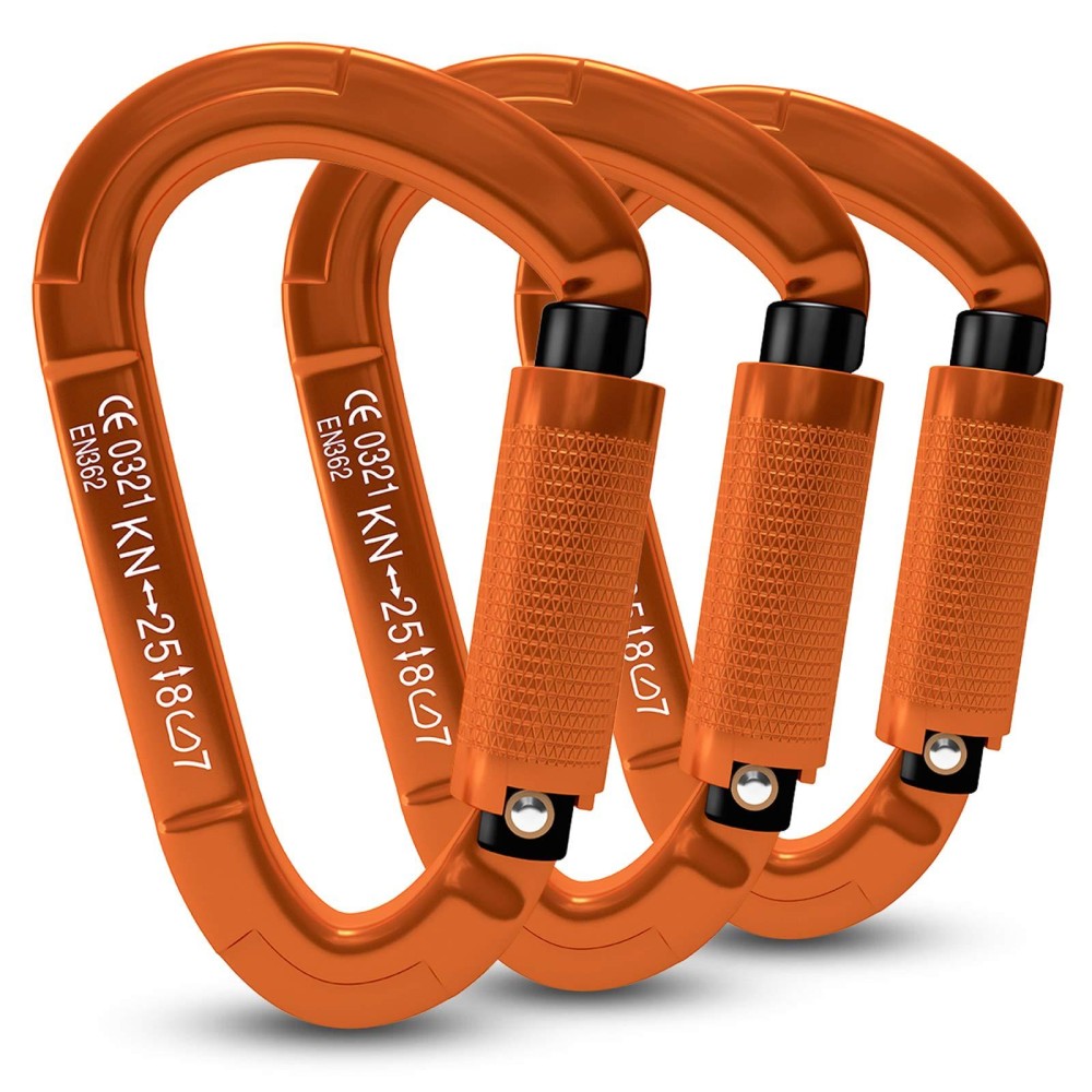 Fvw 3 Pieces Heavy Duty Climbing Carabiners, 25Kn Auto Locking Rock Climbing Carabiners Clips For Hammocks, Swing, Locking Dog Leash And Harness, Camping, Hiking & Utility (Orange)