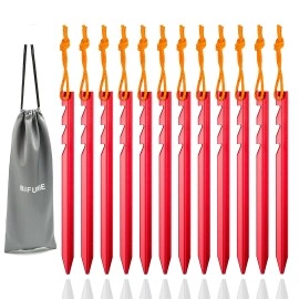 Bifunie Aluminum Tent Stakes Pegs, 12-Pack Aluminum Ground Pegs With Reflective Pull Ropes, Heavy Duty Tri-Beam Metal Stakes Pegs For Backpacking Camping Tents Hammocks And Canopy (Red)