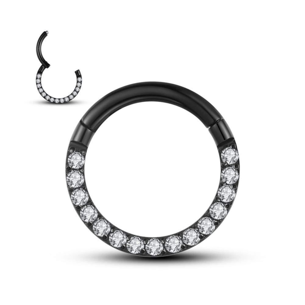 Wbrwp 316L Stainless-Steel Hinged Flat Nose-Rings-Hoop : 16G(12Mm) Unisex Body Pierecing Flat Ring With Zircon Segment Ring Lip Rings Helix Cartilage Rook Earrings 8Mm Diameter Black Color Ring