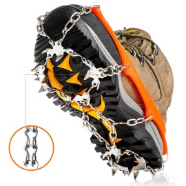 Crampons Ice Cleats Traction Snow Grips For Boots Shoes Women Men Kids Anti Slip 19 Stainless Steel Spikes Safe Protect For Hiking Fishing Walking Climbing Mountaineering (Orange, Large)
