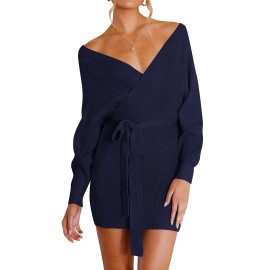 Zesica Womens Long Batwing Sleeve Wrap V Neck Knitted Backless Bodycon Pullover Sweater Dress With Belt,Navy,X-Large