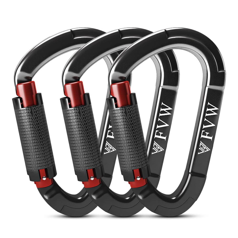 Fvw 3 Pieces Heavy Duty Climbing Carabiners, 25Kn Auto Locking Rock Climbing Carabiners Clips For Hammocks, Swing, Locking Dog Leash And Harness, Camping, Hiking & Utility (Black)