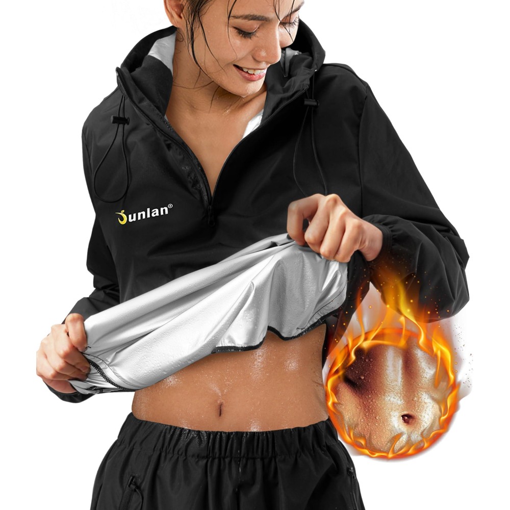 Junlan Sauna Suit For Women Sweat Sauna Pants Sweat Jacket Gym Workout Vest Sweat Suits For Women (A.Black Tops Only,Medium)