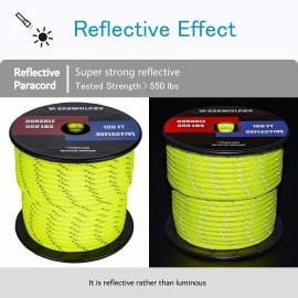 Werewolves Reflective 550 Paracord - 100% Nylon, Rope Roller, 7 Strand Utility Parachute Cord For Camping Tent, Outdoor Packaging (Reflective Neon Yellow, 100Feet)