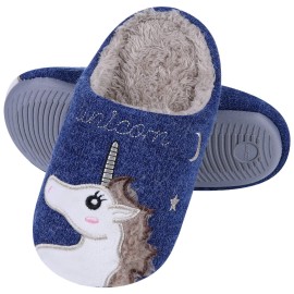 Girls Cute Unicorn House Slippers Memory Foam Indoor Slippers Comfy Fuzzy Knitted Slip On Slippers With Anti-Slip Rubber Sole, Navy Size 1-15