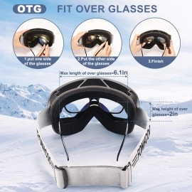 FONHCOO Ski Goggles for Men Women,Anti-Fog OTG Snow Snowboard Glasses with Detachable Lens for Skiing Skating,UV Protection Anti-Glare Silver