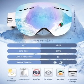 FONHCOO Ski Goggles for Men Women,Anti-Fog OTG Snow Snowboard Glasses with Detachable Lens for Skiing Skating,UV Protection Anti-Glare Blue