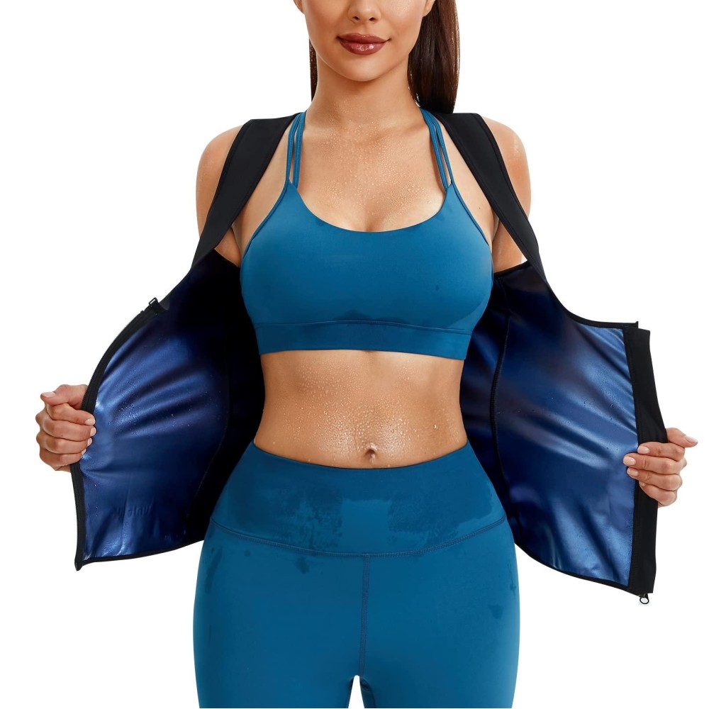 Junlan Sauna Suit For Women Waist Trainer Vest For Women Sweat Tank Top Shaper For Women With Zipper (Blue, Xx-Large)