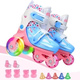 Kids Quad Roller Skate,Roller Skates For Girls Boys,With Adjustable Size&Double Brakes&Luminous Wheels&Protective Gear,3-Point Balance Roller Shoes For Beginners,For Indoor Outdoor (Cute Pink, Xs)