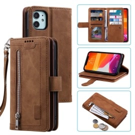 Ueebai Wallet Case For Iphone 12 Mini 54 Inch, Retro 9 Card Holder Slots Zipper Pocket Handbag Case Pu Leather Magnetic Closure Kickstand With Wrist Strap Tpu Shockproof Flip Case - Brown