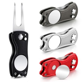4 Pieces Golf Repair Tool Stainless Steel Foldable Golf Divot Tool Magnetic Golf Button Tool Golf Ball Marker (Red, Silver, Gray, Black)