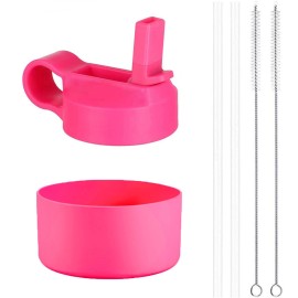 Top Souls Wide Mouth Straw Lid And Protective Boot Combo Pack, Compatible With Most Sports Water Bottles From 12-40 Oz, Plus 2 Straws And 2 Brushes. (Medium, Flamingo)