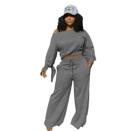 Topsrani Womens 2 Piece Outfits Casual Solid Sweatsuits Baggy Long Sleeve Loose Matching Wide Leg Tracksuit Pants Sets Grey Xxl