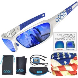 Qool Times Polarized Sunglasses For Men And Women Medium To Large, White Blue Revo Lens Anti-Saltwater Coating 100% Uv Protection With Case Pouch Face Scarf And Strap