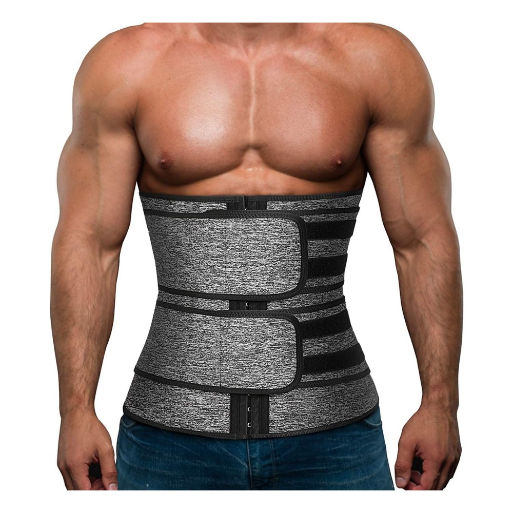 Mens Workout Waist Trainer Neoprene Corset Sauna Sweat Trimmer Cincher Slimming Belly With Belts (Grey Waist Trainer With 2 Belts, 2Xl)
