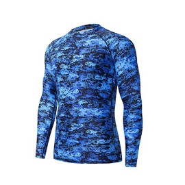 Adoreism Mens Long Sleeve Rash Guard Surf Swim Shirt Splice Upf 50 Compression For Mma Bjj Jiu Jitsu Fishing Hiking(Pixel Blue,M)