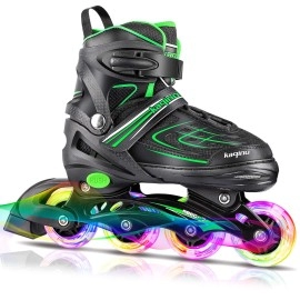 KAQINU Adjustable Inline Skates, Outdoor Roller Blades Skates with Full Illuminating Wheels for Women, Kids, Girls and Boys (Green, L)