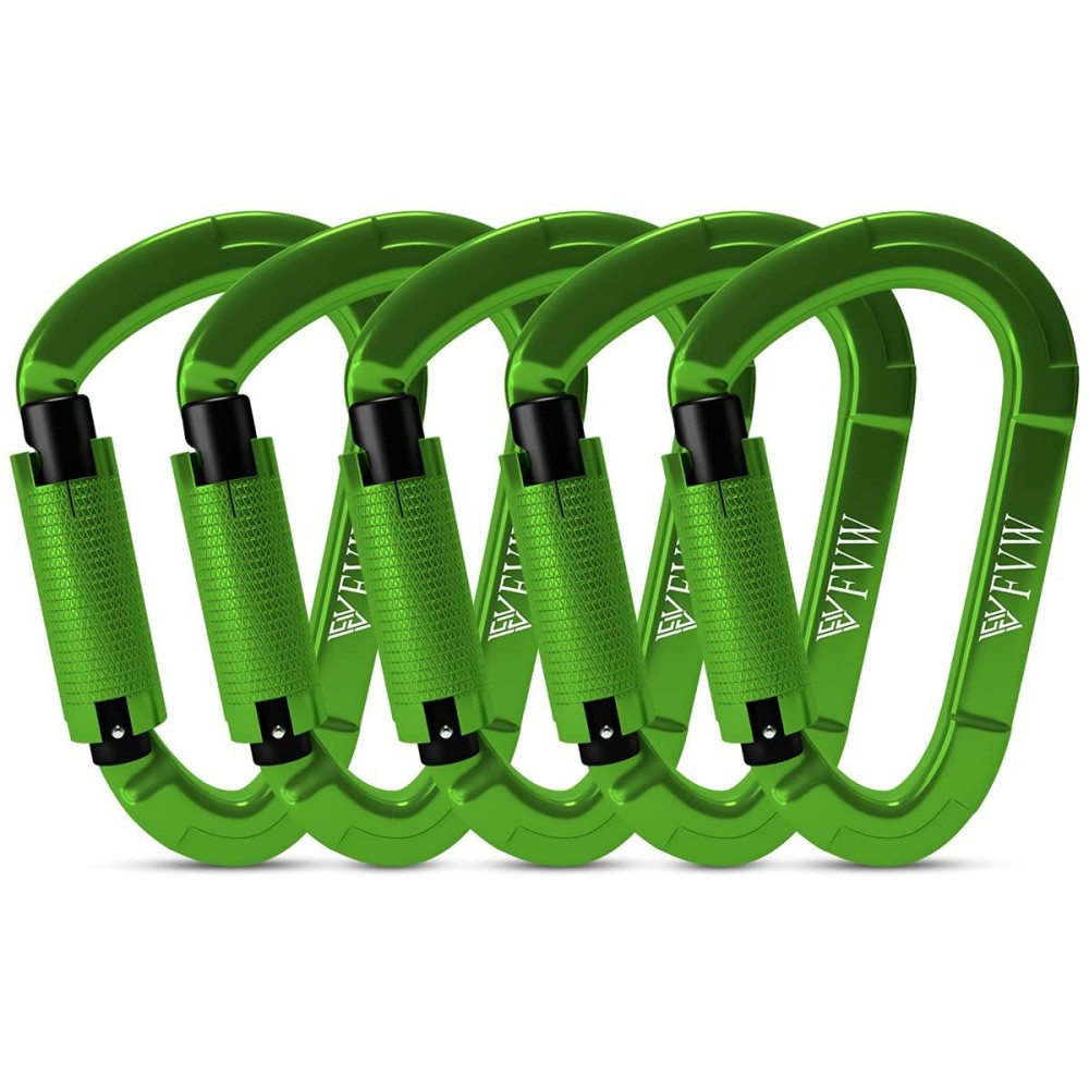 Fvw 5 Pack Heavy Duty Climbing Carabiners,25Kn Auto Locking Rock Climbing Carabiners Clips For Hammocks, Swing, Locking Dog Leash And Harness, Camping, Hiking & Utility (Green)