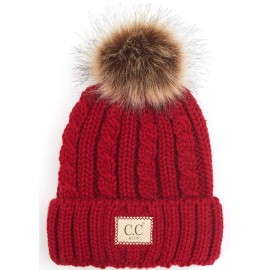 Girls Knit Pom Beanie Hat: Cable Knit Faux Fur Pom Wpatch (Red)