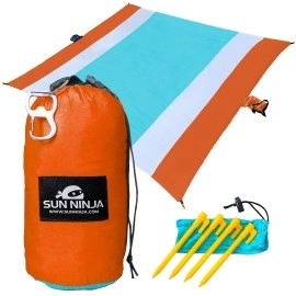 Sun Ninja Sand Free Beach Blanket - Outdoor Blanket, Beach Mat & Accessories - 10Ft X 9Ft Lightweight Blanket With Storage, Bottle Opener, Carabiner, Shoulder Strap, Corner Sand Pockets & 4 Stakes