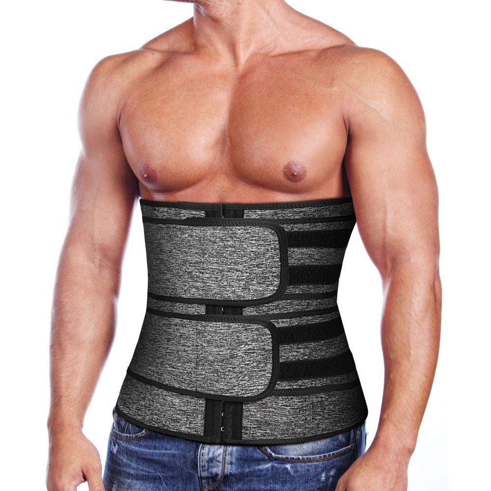 Yamadan Mens Neoprene Sauna Waist Cincher Slimmer Trainer Belt Belly Sweat Wrap Trimmer Workout Bands (Grey Waist Trimmer With Two Belts, 3Xl)