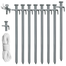 Eurmax Usa 12 Inch Multiuse Heavy Duty Steel Tent Stakes Tarp Pegs Camping Stakes For Outdoor Camping Canopy And Tarp With 4 Ropes 10Ft Length(Grey)