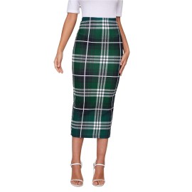 Verdusa Womens Elegant Plaid Elastic Waist Bodycon Midi Skirt Green Tartan L