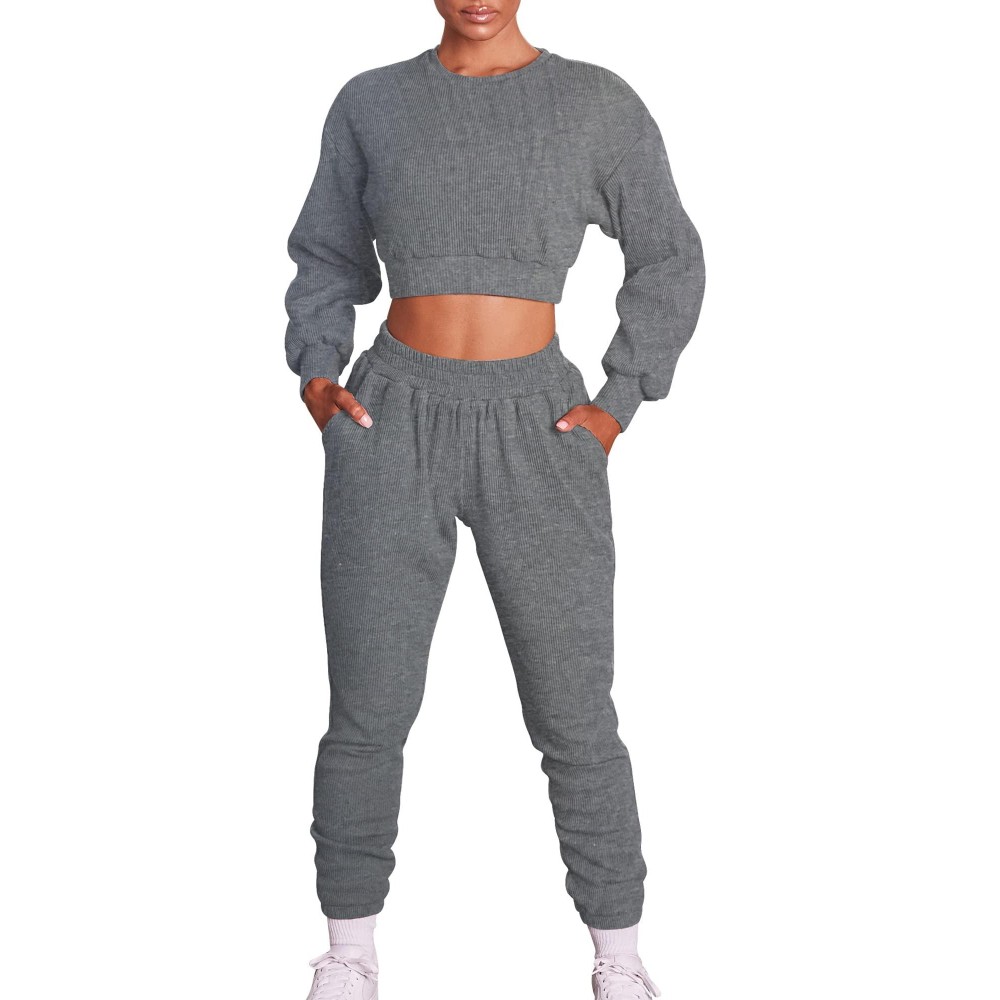 Mizoci Womens 2 Piece Outfits Workout Tracksuit Long Sleeve Crop Top Jogger Pants Set,Medium,Dark Grey