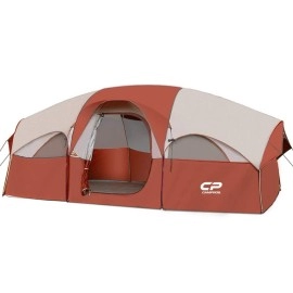 Campros Cp Tent-8-Person-Camping-Tents, 8 Person Waterproof Windproof Family Tent, 5 Large Mesh Windows, Double Layer, Divided Curtain For Separated Room, Portable With Carry Bag - Red